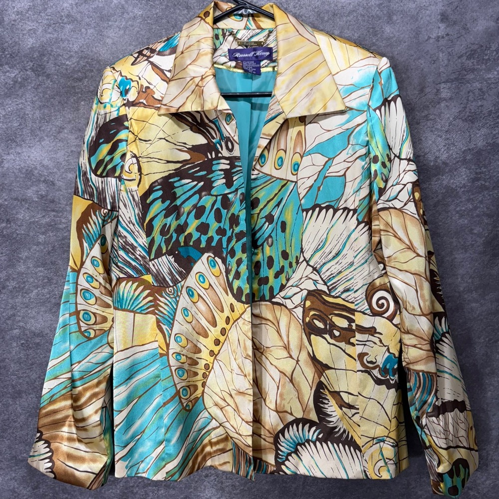 Vintage Russell Kemp 100% Silk Butterfly Print Blazer Jacket Womens 10 Teal Gold